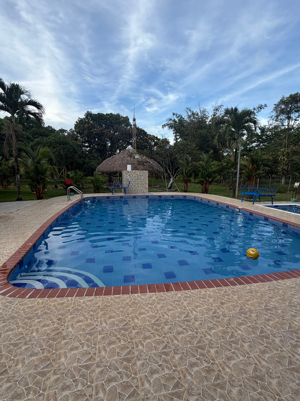 Piscina amplia de baldosa azul rodeada de palmas, con un kiosko de paja al fondo